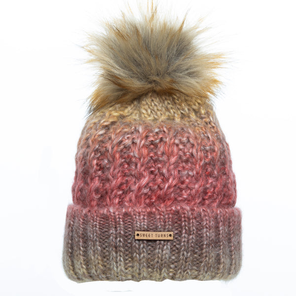 Russet Alexa Beanie - Close-up of Knit Texture and fall style with variegated color.  