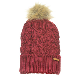Eco Spurr Beanie in Burgundy with Faux Fur pom-pom and fleece fold-over cuff made from 100% recyclable Pollyanna fiber.